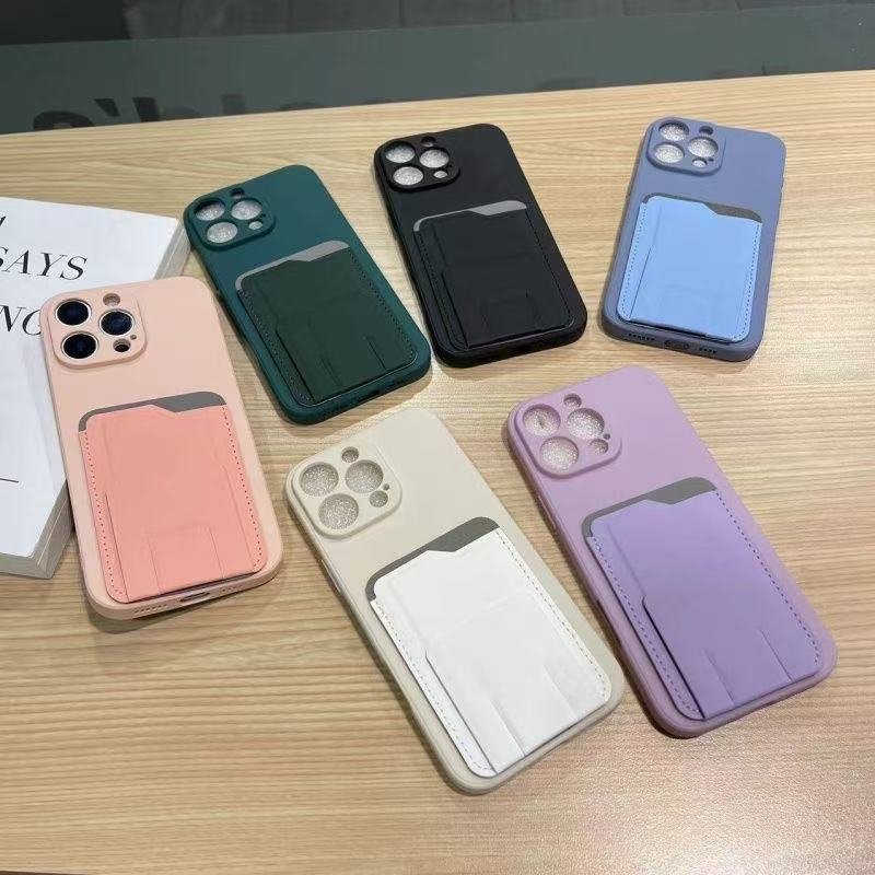Trendy brand solid color leather single card holder Apple 16promax phone case iPhone 15 12 14Plus 13pro max fashionable