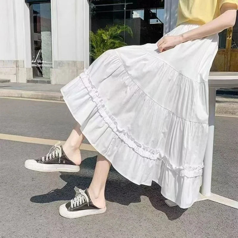 Casual Vintage Women Skirt Matching Chic Ladys White Sweet Girls Cake Elastic Waist ALine Mid Length Flare 250513Z