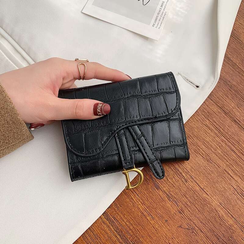 Women's long and simple trendy buckle folding stone pattern multi slot card short small money bag zero wallet