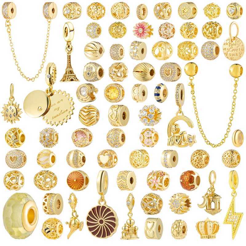 Gold Safety Chain Clip Flowers Stars Daisy Charm Beads Fit Original European 925 Sterling Silver Bracelet DIY Women Jewelry GiftXJ250523