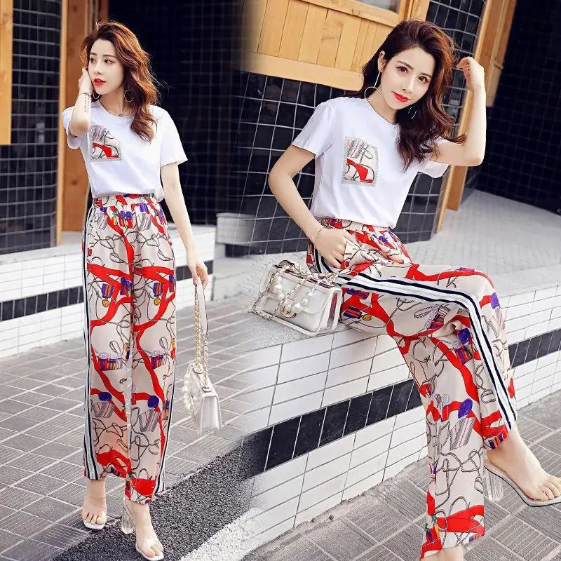 Women Casual Plus Size Clothing Suit 2025 Summer Fashion Large Korean Short Sleeve Top Wide Leg Pants 2 Two Piece Set Female 250513Z