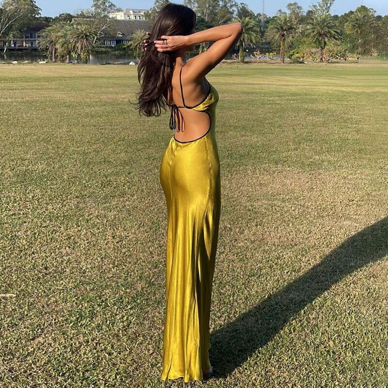 Halter Whit Maxi Dresses Women S Spring New Solid Color Sexy Strap Tie Back Long Skirt Slimming Dress For Women Prom Sexy Dress