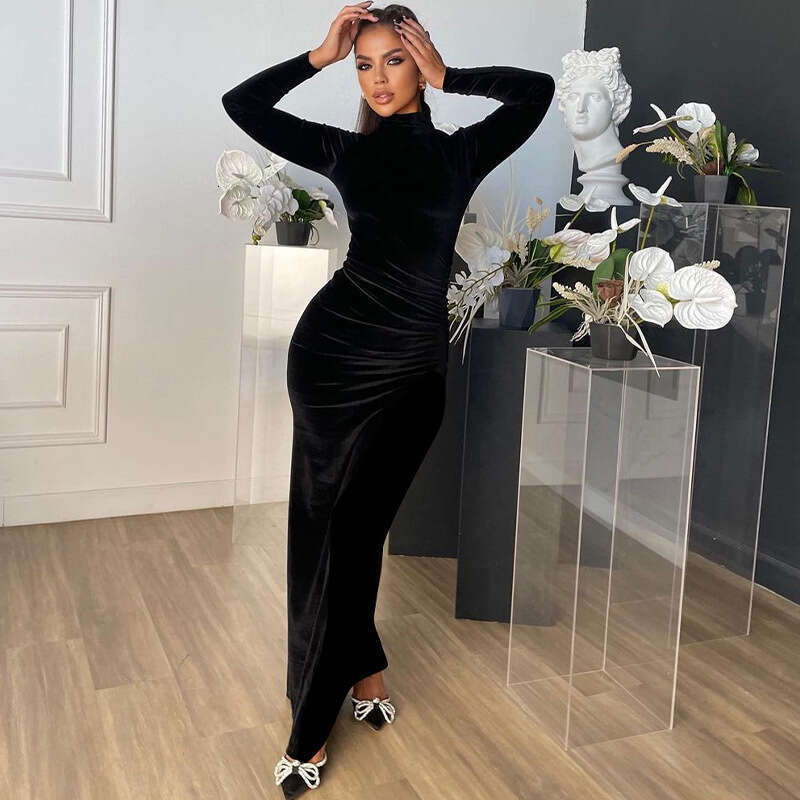 Halter Whit Maxi Dresses Spring Velvet High Neck Long With Pleats Solid Color Slim Fit Sexy Temperament Zipper Wrapped Hip Dress Prom Sexy Dress