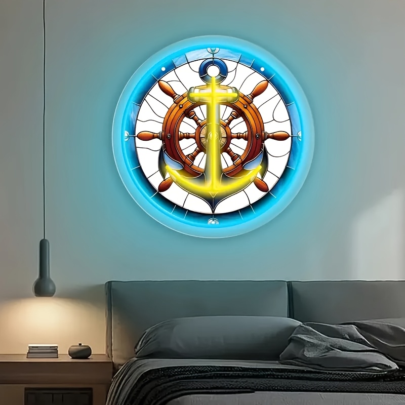 1pc Ocean Rudder LED Neon Light Wall Decor - USB-Powered Adjustable Brightness, UV Printed Underwater Theme with Nautical Wood Texture