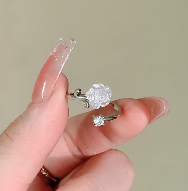 Camellia Blossom Ring Sweet Girl Heart Stainless Steel Jewelry Crystal Cute Cracelet for Women's Love Gifts 250222