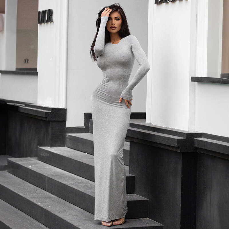 Halter Whit Maxi Dresses R DS Women S Autumn New Solid Color Round Neck Long Sleeved Slim Fit Fish Tail Casual Dress Prom Sexy Dress