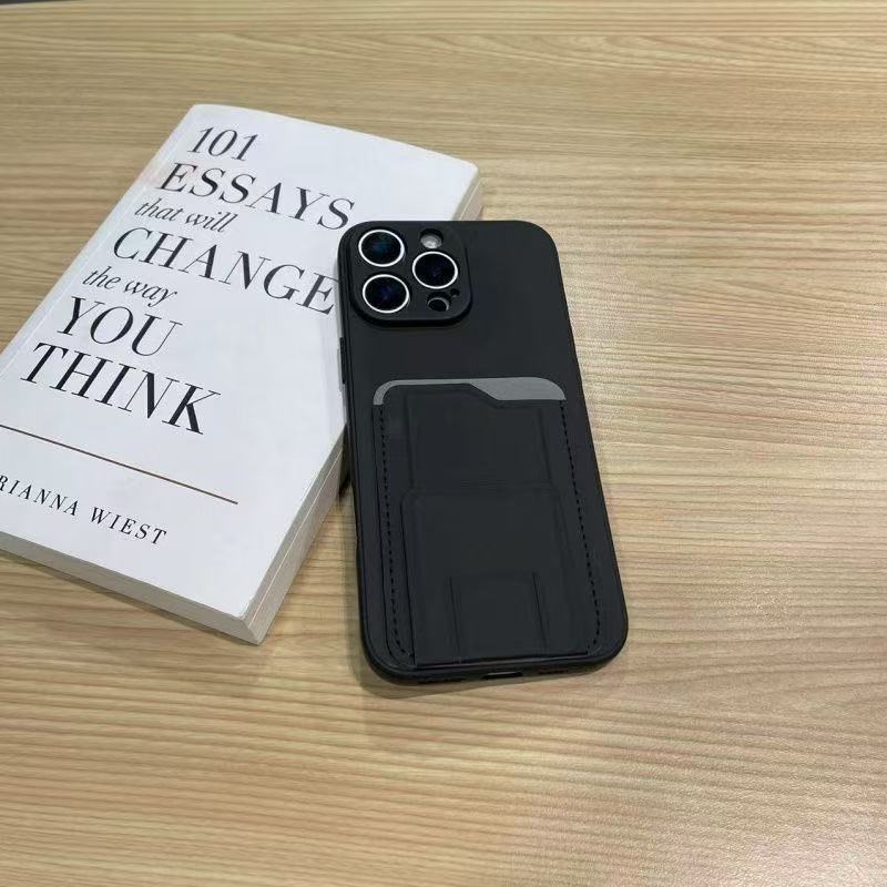 Trendy brand solid color leather single card holder Apple 16promax phone case iPhone 15 12 14Plus 13pro max fashionable
