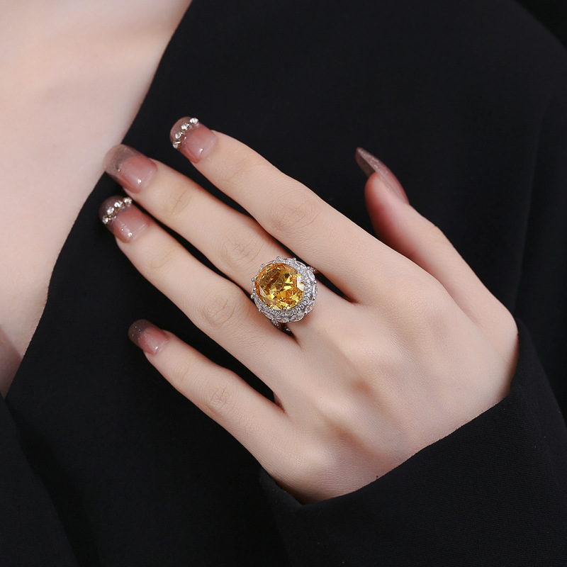 S925 Sterling Silver Ice Flower Cut Yellow High Carbon Diamond Ring, Fashionable Adjustable Open Band Design, Luxury Diamond Jewelry for Women