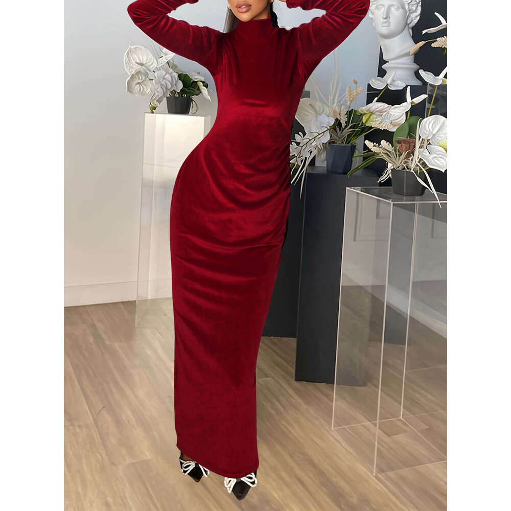 Halter Whit Maxi Dresses Spring Velvet High Neck Long With Pleats Solid Color Slim Fit Sexy Temperament Zipper Wrapped Hip Dress Prom Sexy Dress
