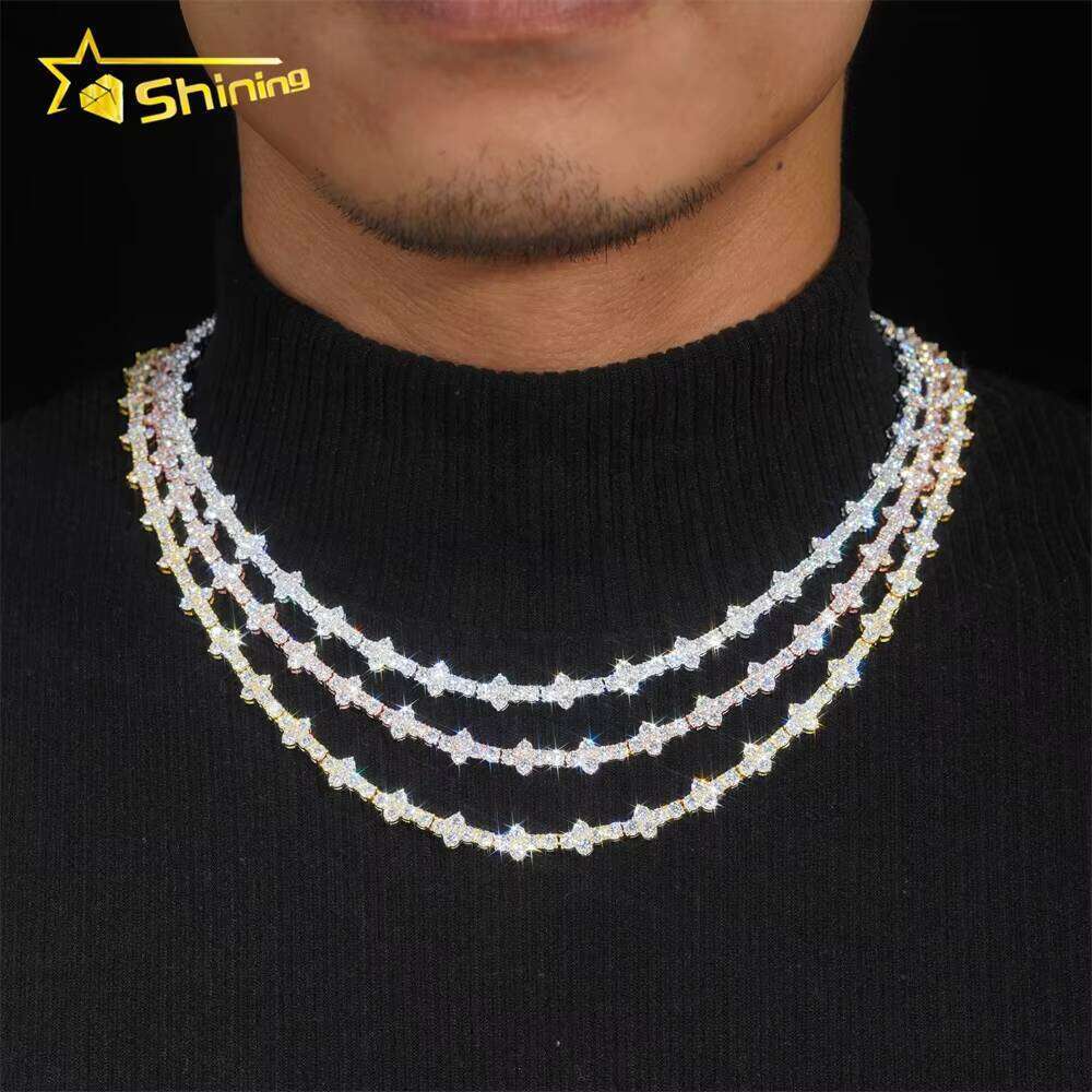 Worldwide Shipping Solid S Gold Plated 3Mm Cross Hip Hop Jewelry Necklace VVS D Color Moissanite Dia Tennis Chain