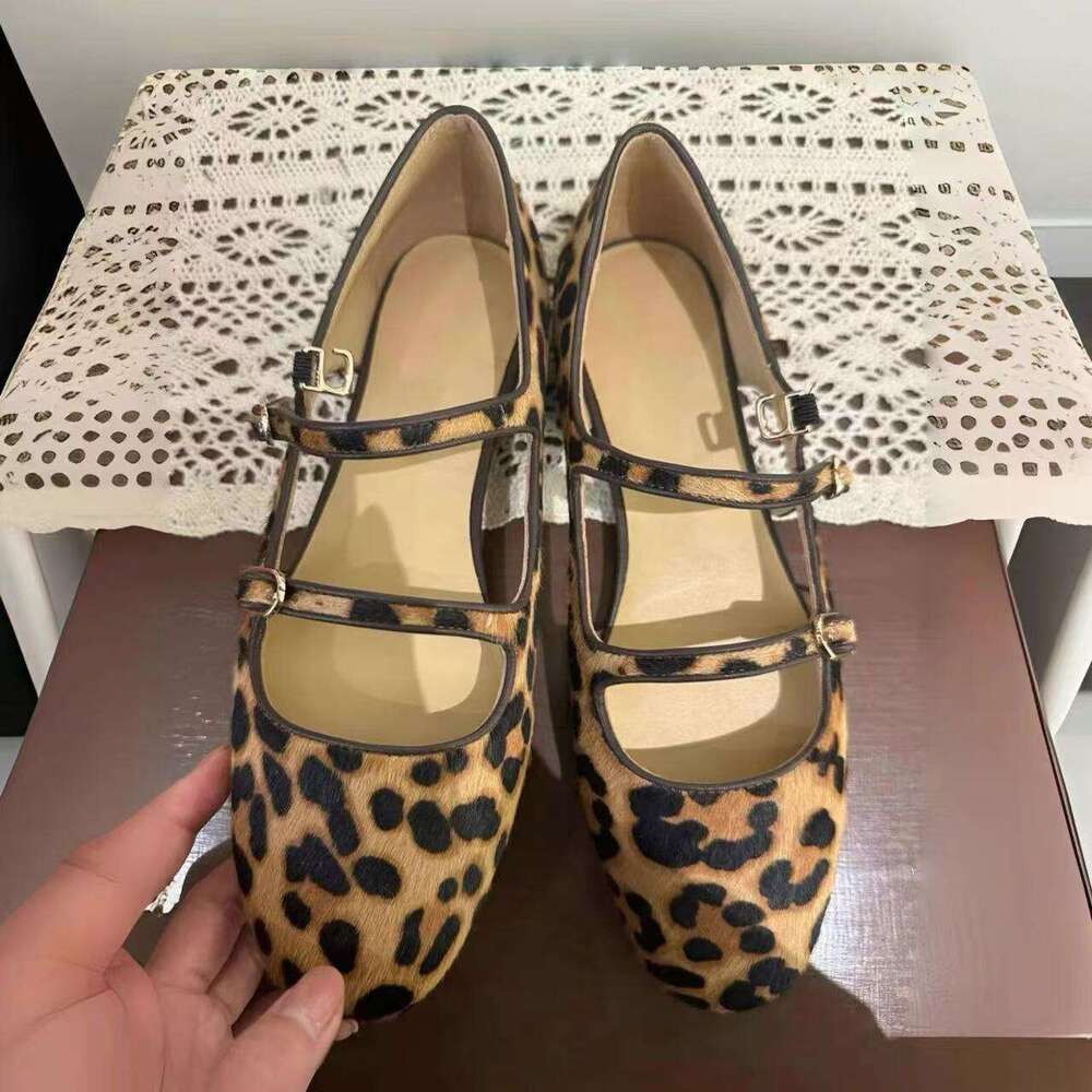 High end New Favorite~Versatile Fashion Leopard Pattern Buckle with Flat Bottom Mary Jane Ballet Single Women's Grandma Shoes