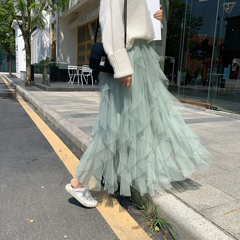 Womens Elastic High Waist Tulle Mesh Irregular Tutu Skirt Summer Girls Party Older Kid Girl Pleated Long Midi Skirts 250513Z