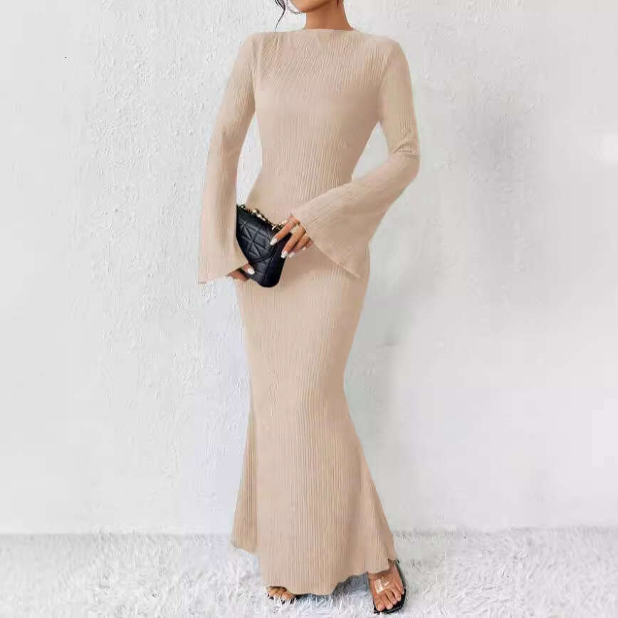 Halter Whit Maxi Dresses New Autumn And Winter Style Women S Fashionable Round Neck Long Sleeved Slim Fit Hip Hugging Dress Prom Sexy Dress