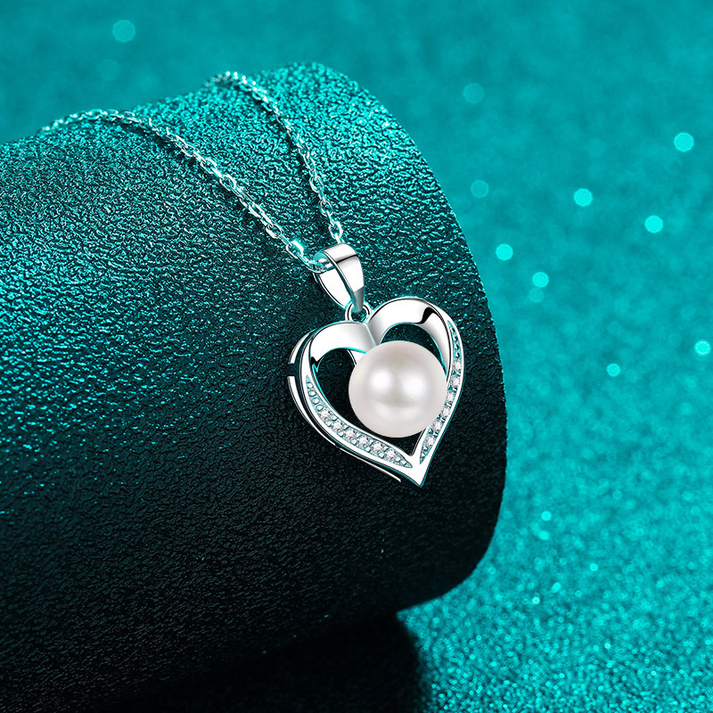 925 Sterling Silver Heart Necklace with Freshwater Pearl & Moissanite Stones, Elegant Gift for Women