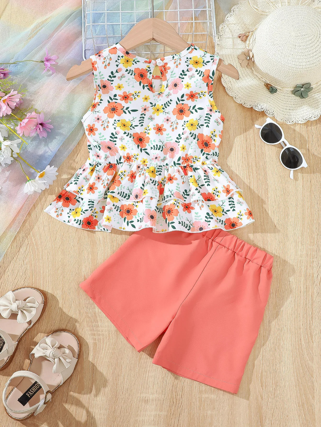 Childrens clothing Girls Summer Set Round Neck Small Floral Bow Sleeveless TopShorts 2PcsSet 47 Year Old Fashion 250517z