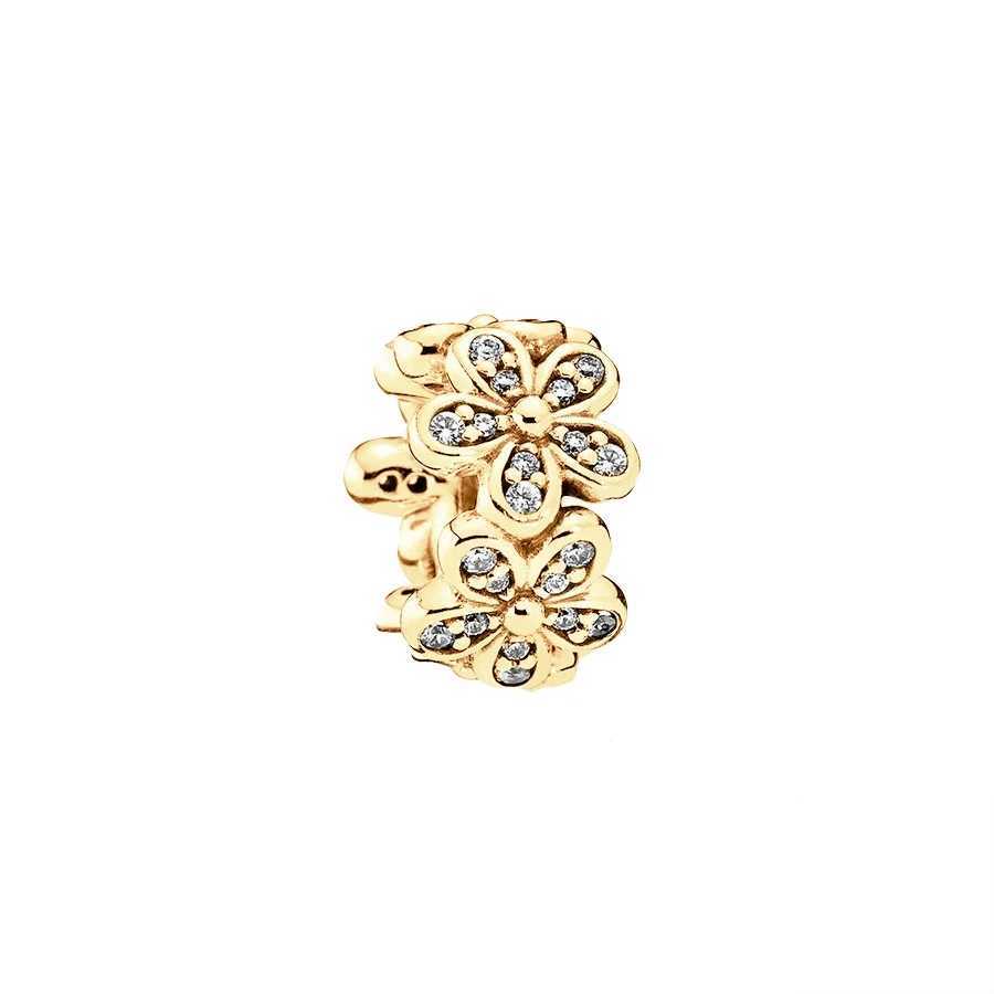 New Plated Gold Bead Pink Daisy Flower Snowflake Pav Charm Bead DIY Jewelry Fit Original 925 Sterling Silver Bracelet XJ250523
