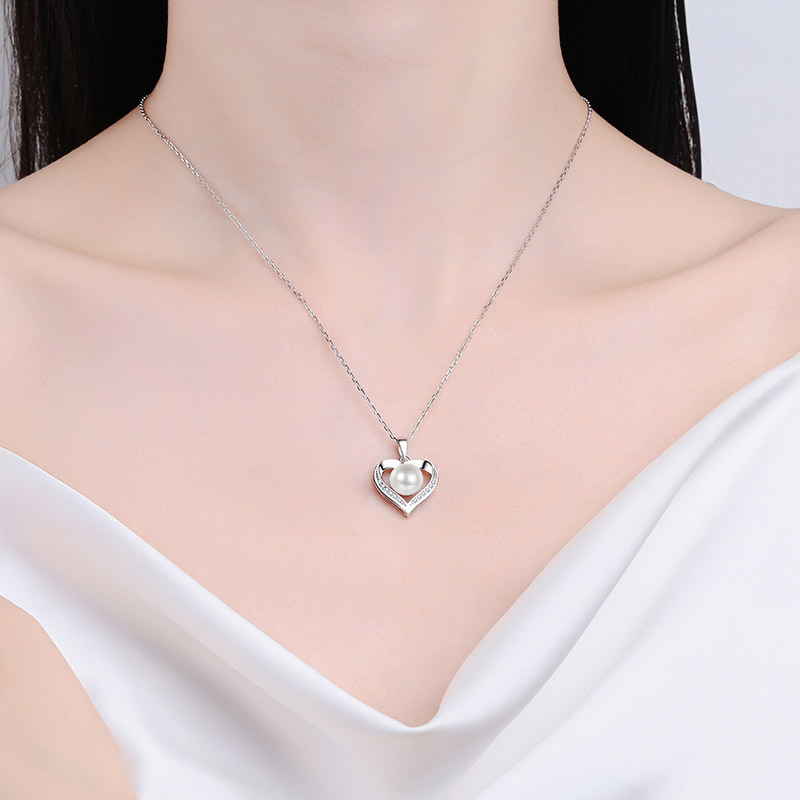 925 Sterling Silver Heart Necklace with Freshwater Pearl & Moissanite Stones, Elegant Gift for Women