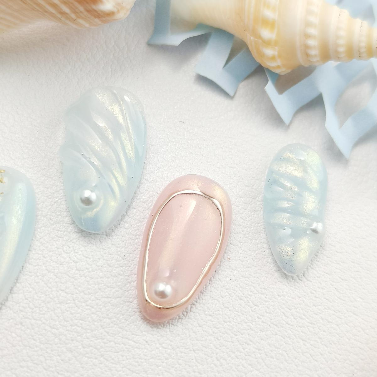 10pcs Ocean series Handmade Press-on nail Shore Almond Nails 3D Hand drawn Fake nails Bundle Sweet Pearl Finished nail stickers Free storage box jelly