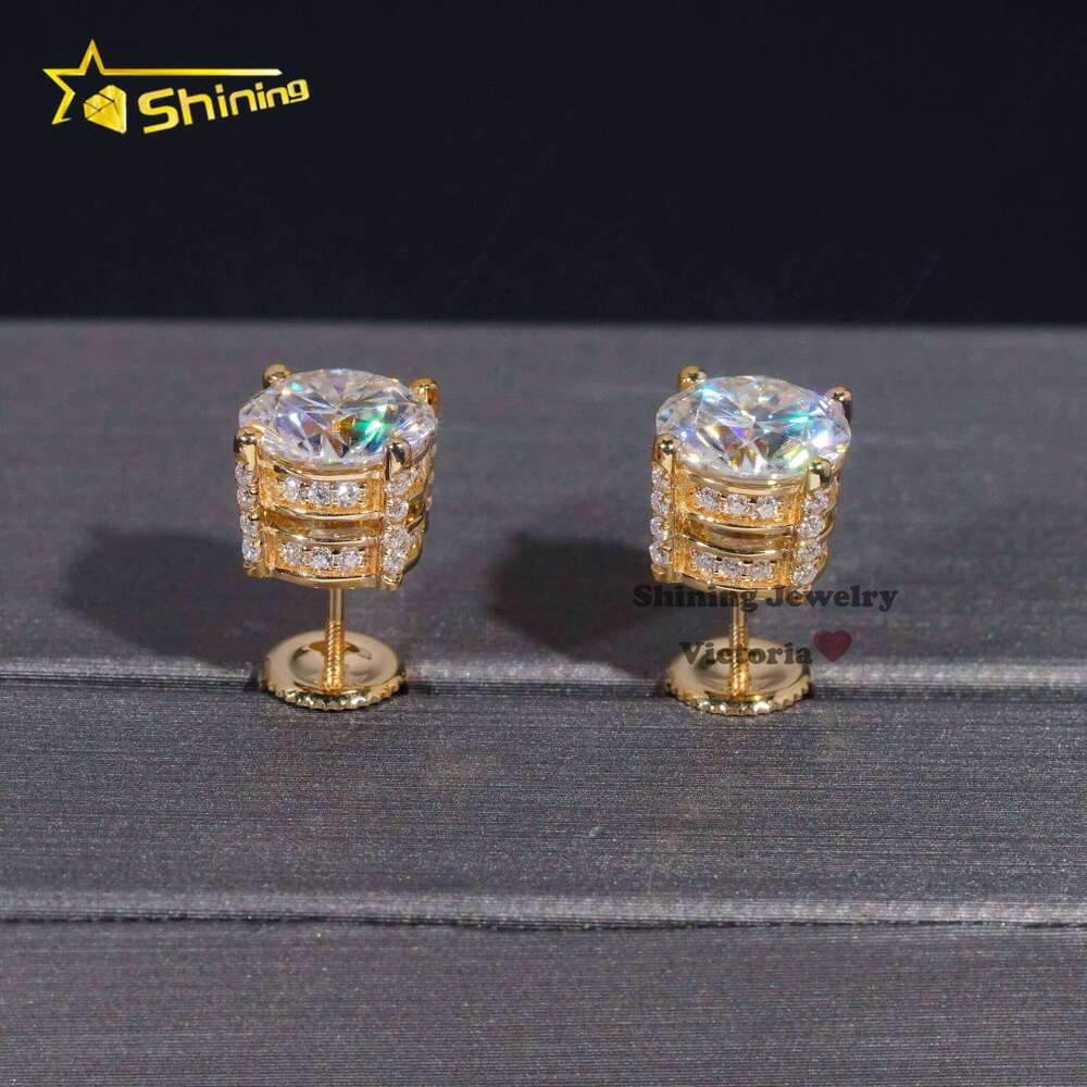 Ice Out Through Tester Mens VVS Moissanite 10K Soild Gold Screw Back 6.5Mm Side Ice Earrings Studs