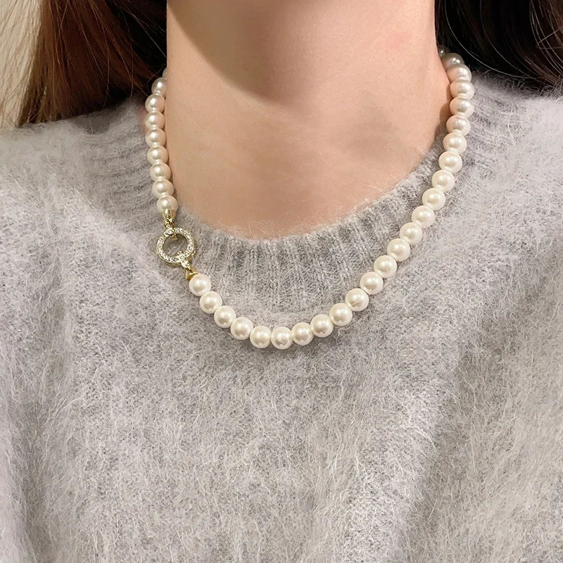 French Elegant Micro Set Zircon Round Buckle Pearl Beaded Necklace For Womens Temperament Jewelry Sweet Accessories 250519