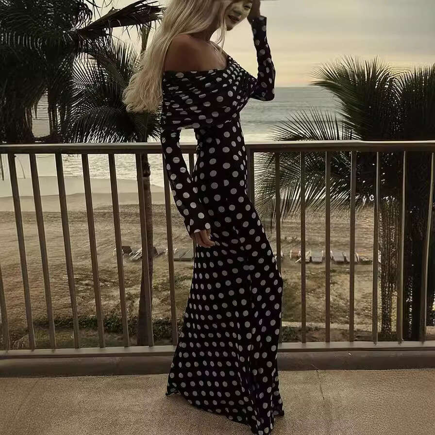 Halter Whit Maxi Dresses Spring Summer New Yarn Mesh Dot Spliced One Shoulder Sexy Slim Fit Dress For Women Prom Sexy Dress