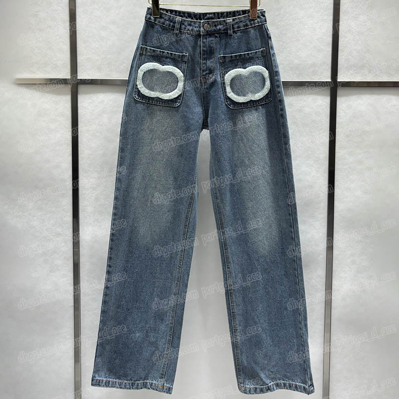 Luxury Embroidered Jeans Women Designer Straight Denim Pants Stylish Washed Denim Trousers Ladies Elegant Jeans Pants