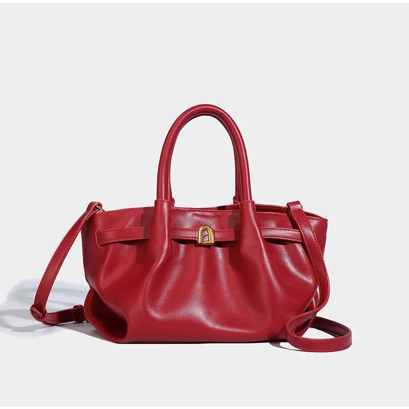 High-end Leather Dumpling Bag All-match Fashion Red Basket Bag Luxury Brand Gold Button Designer Shoulder Commuter Retro Handbag Z250523