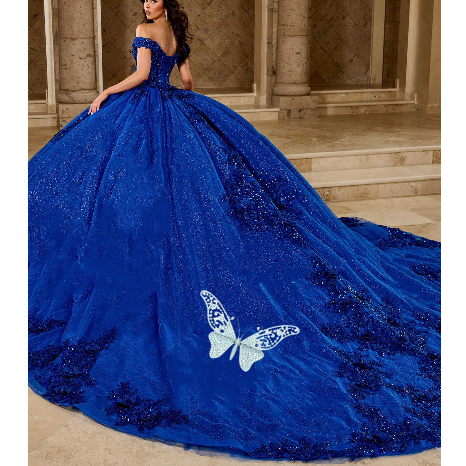 Princess Royal Blue Quinceanera Dresses A Line Off Shoulder Lace 3D Applique Sweet 16 Gowns Sweep Train Backless Prom Party Gowns PLUS Size