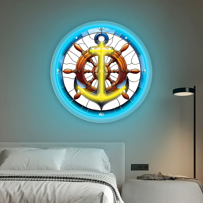 1pc Ocean Rudder LED Neon Light Wall Decor - USB-Powered Adjustable Brightness, UV Printed Underwater Theme with Nautical Wood Texture