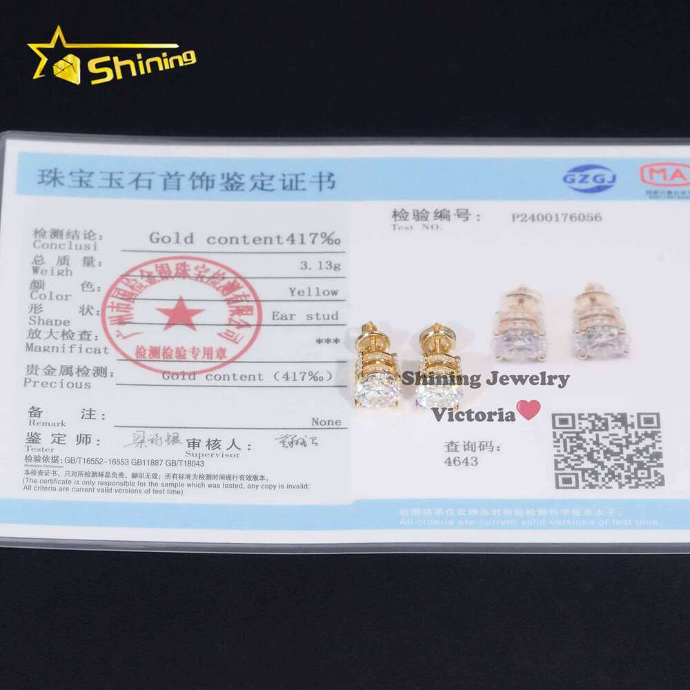 Ice Out Through Tester Mens VVS Moissanite 10K Soild Gold Screw Back 6.5Mm Side Ice Earrings Studs