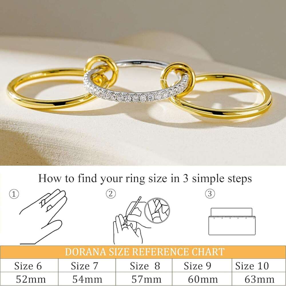 14K gold-plated stackable 3 CZ cubic zirconia set, silver and gold stacked rings, multi chain connection, personalized interlocking ring, low allergen