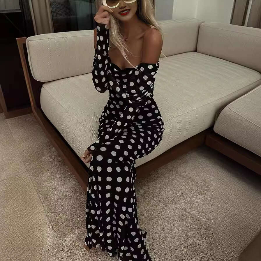 Halter Whit Maxi Dresses Spring Summer New Yarn Mesh Dot Spliced One Shoulder Sexy Slim Fit Dress For Women Prom Sexy Dress