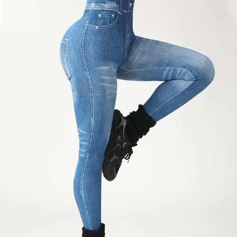 Seamless Comfortable Faux Denim Athletic Pants for Outdoor Wear Featuring a Unique Tree Branch Design