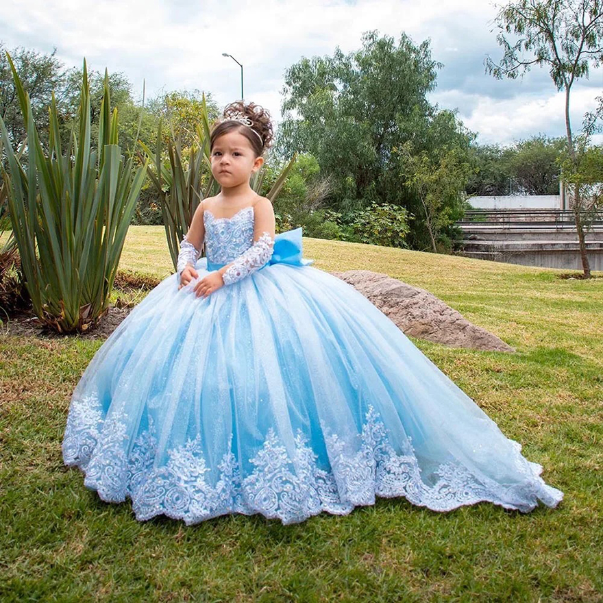 Lace Appliques Flower Girl Dresses For Wedding Full Sleeves Princess First Communion Dress Toddlers Long Birthday Party Gowns