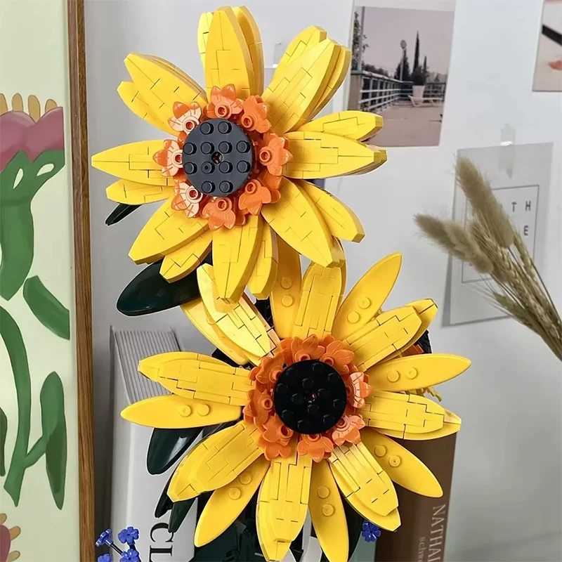 Creative Sunflower Bouquet Potted Building Blocks Immortal Flower Home Desk Plant Decoration Assemble Bricks Toys Kid Girls Gift M250523