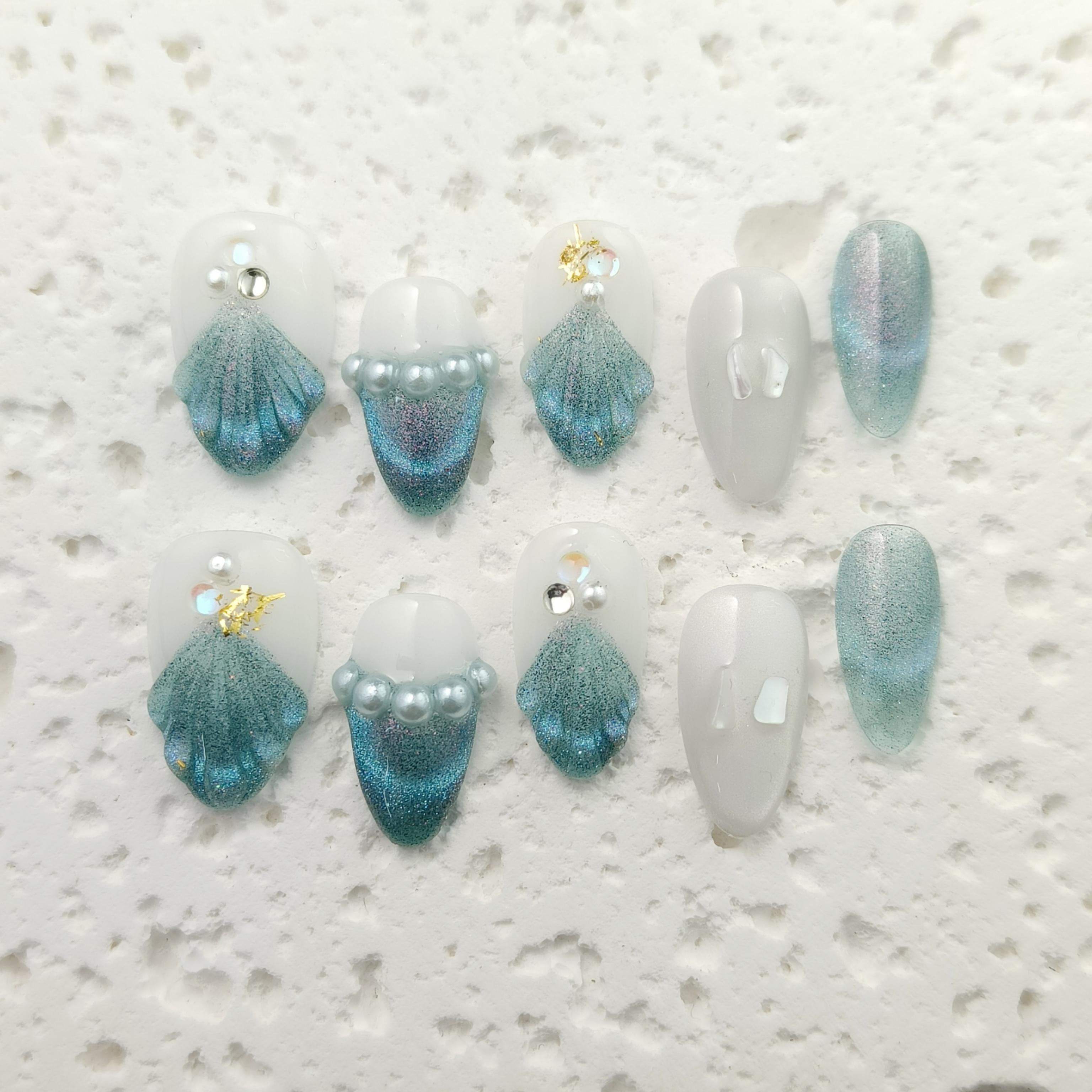 10pcs Mermaid Handmade Press-on nail Short Almond Nails Bundle 3D Hand drawn Sweet Pearl Cat Eye Finished nail stickers Free storage box jelly glue na