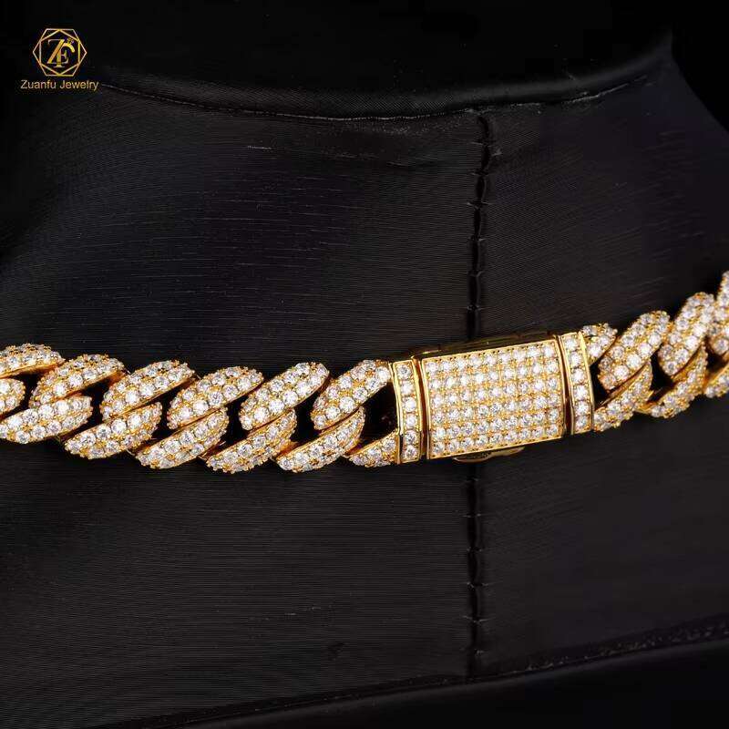 Sterling Sier Gold Plated Miami Link Lab Dia Moissanite Iced Out Cuban Chain Necklace Hip Hop Jewelry