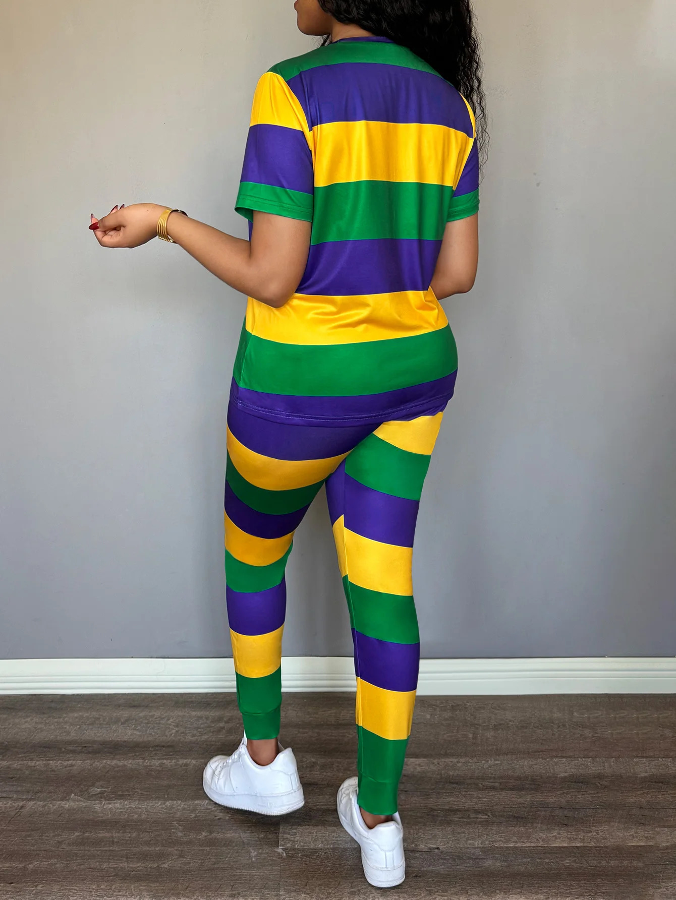 LW Plus Size Pant Two Piece Set Women 2025 summer Casual Crew Neck Short Sleeve Tshirts Lady Striped Large Sets 250516Z