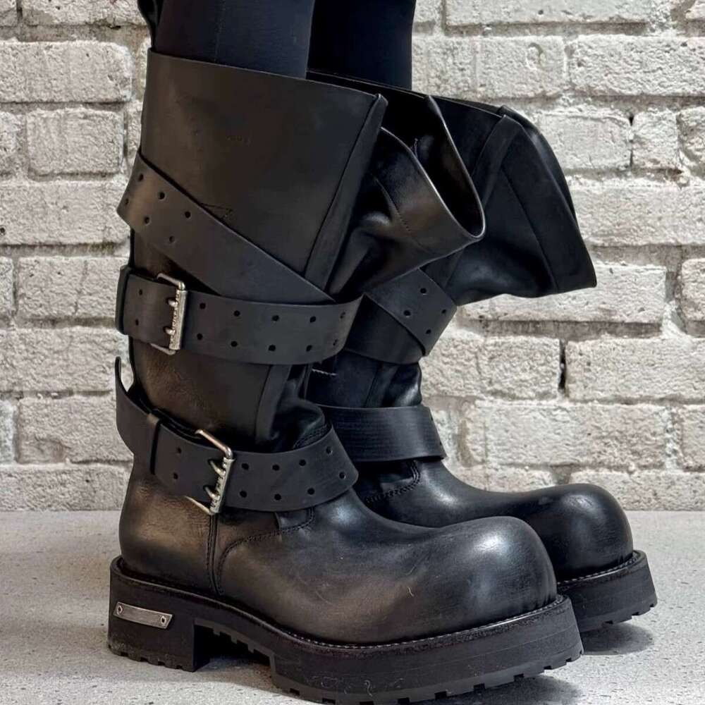 Bajia belt buckle Venom for spring summer 2025, new style with big toe, thick bottom, and increased height, punk motorcycle boots