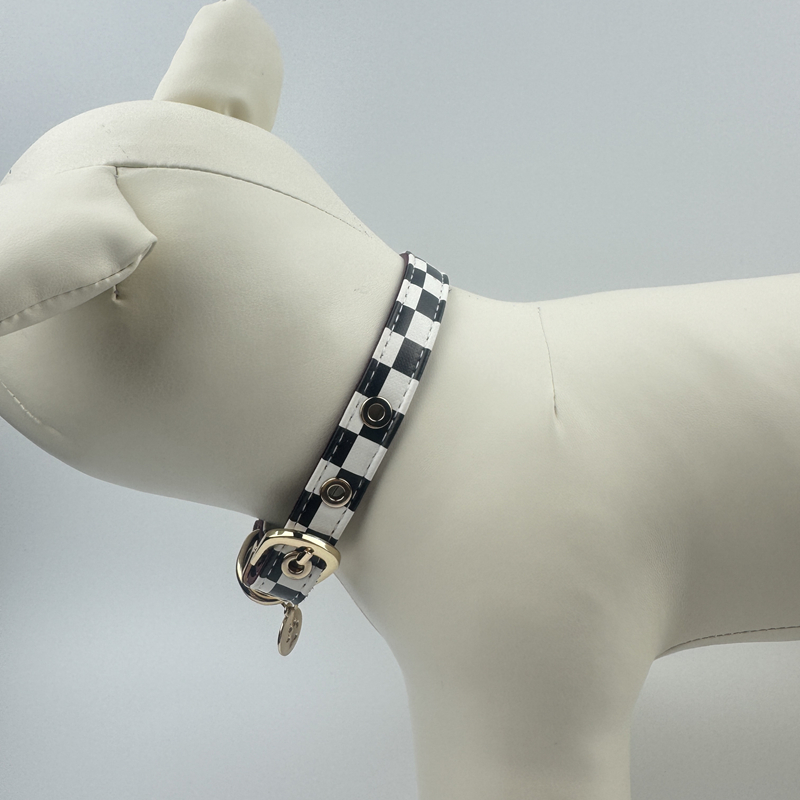 Dog Collar and Leash Set, Classic Black White Plaid Dog Leather Collar with Dog Claw Charm, Dog Leash Tangle Free, Adjustable Collars for Small Medium