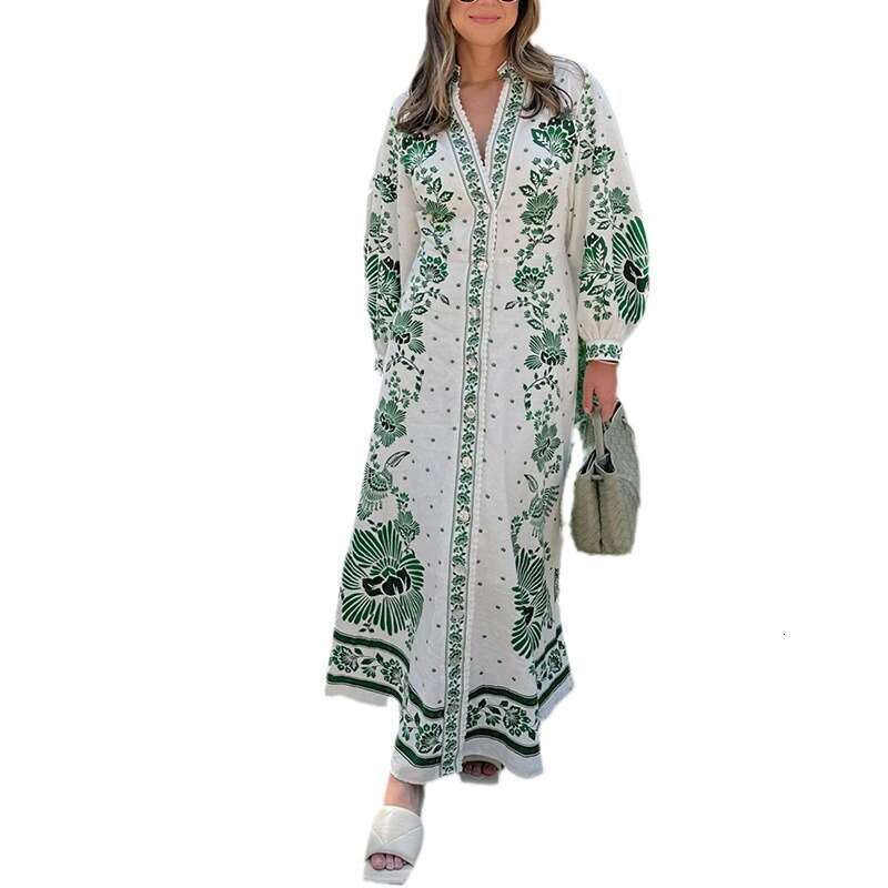 Maxi Dress New Printed Lantern Sleeves V Neck Dress Casual Lace Beach Vacation Long Skirt Floral Dress