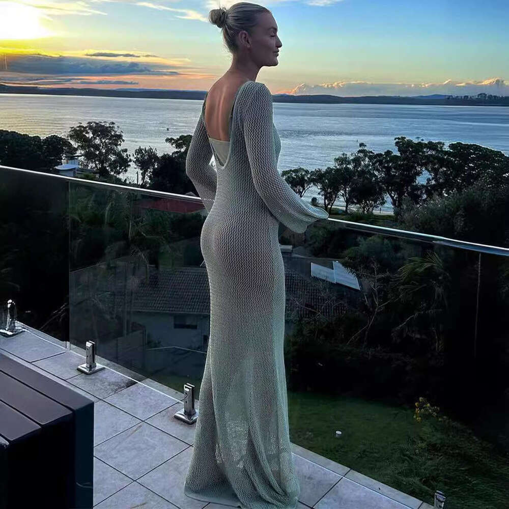 Maxi Dress Open Back Sexy Tight Fitting Long Sleeved Hollow Out Beach Summer Dress Long Dress
