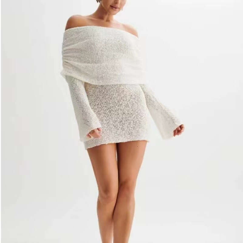 Maxi Dress New Knitted Short Beach Skirt Women S Sexy Perspective Long Sleeve One Shoulder Dress Long Dress