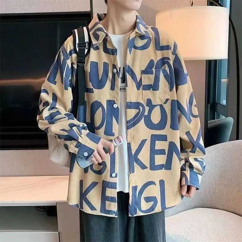 Spring and Autumn Corduroy Handsome Jacket Mens Korean Style Casual Loose Full Print Letters W250524