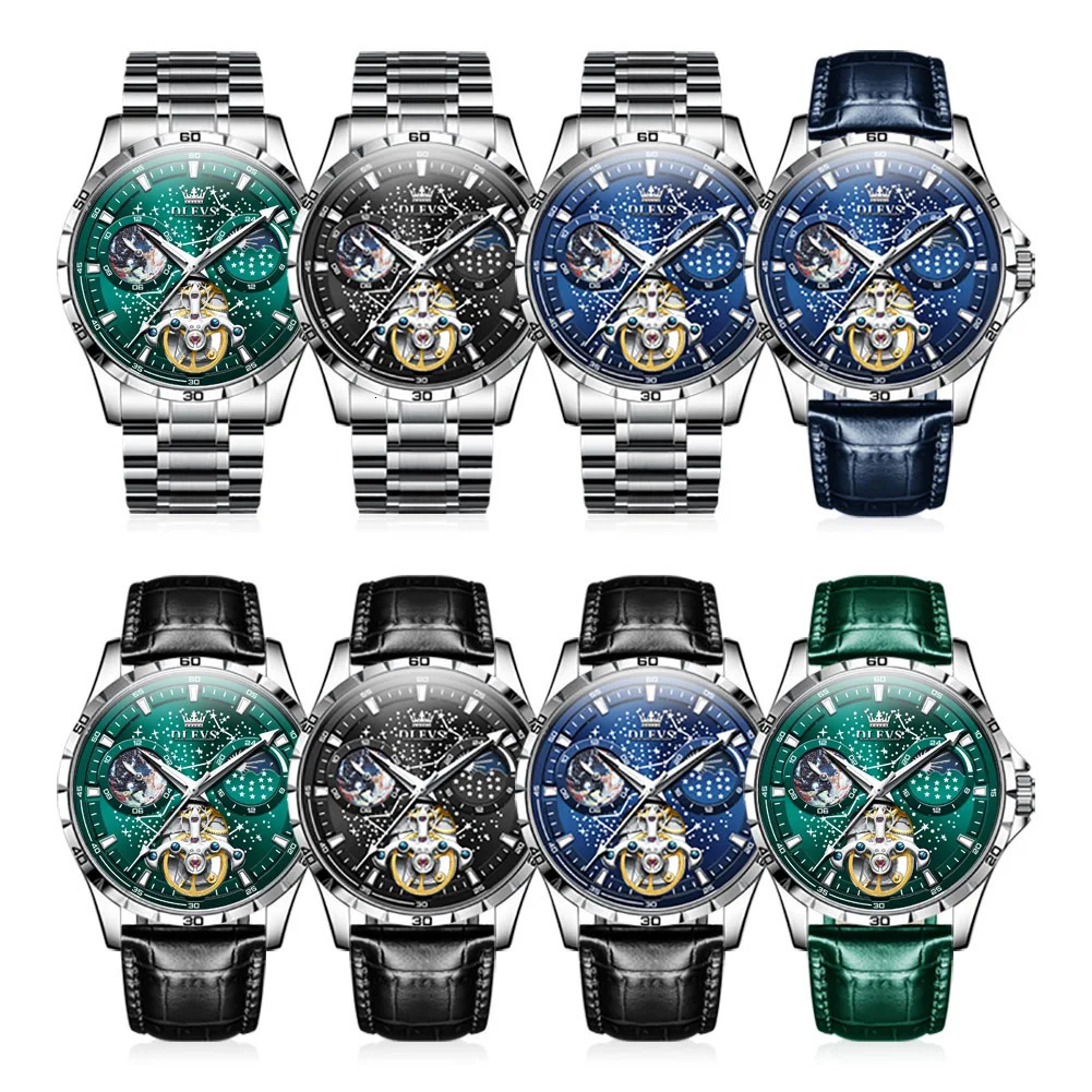 OLEVS Original Mens Watches Luminous Fully Automatic Mechanical Watch Waterproof Moon Phase Starry Multifunctional 250603