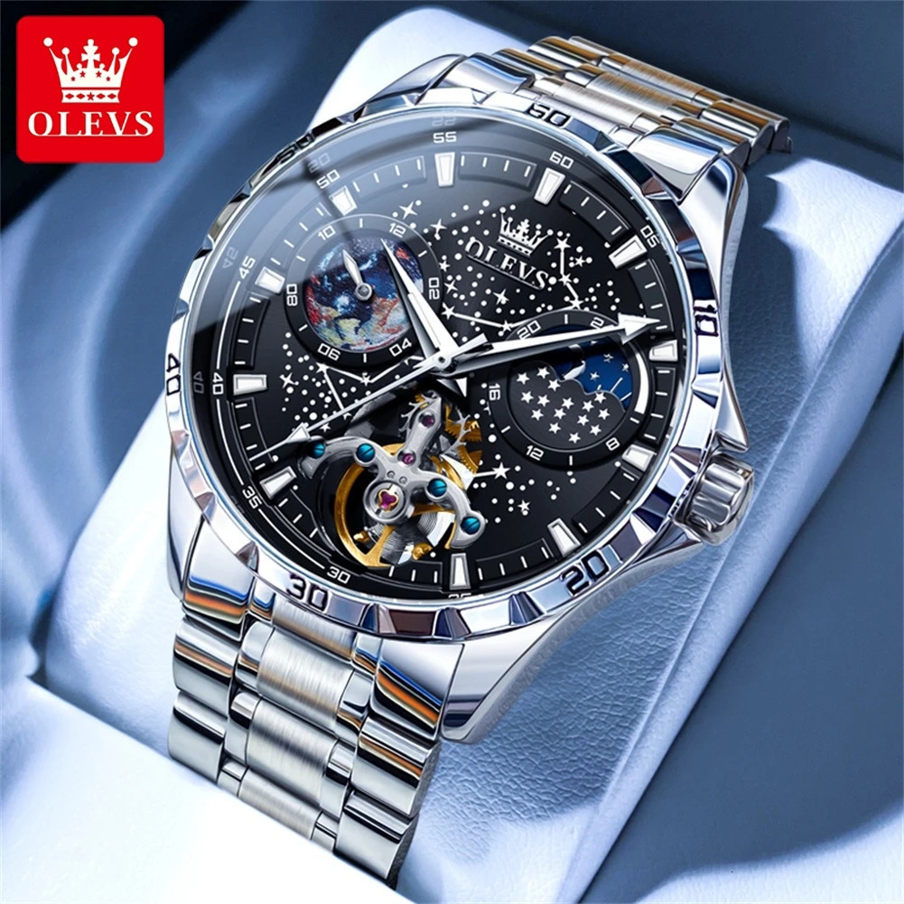 OLEVS Original Mens Watches Luminous Fully Automatic Mechanical Watch Waterproof Moon Phase Starry Multifunctional 250603