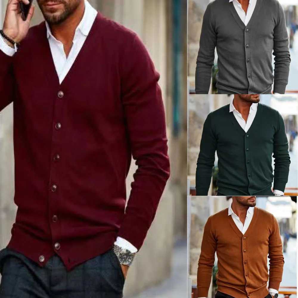 Autumn and Winter New Mens Coat Fashion Solid V-Neck Cardigan Knit Mens Sweater W250524