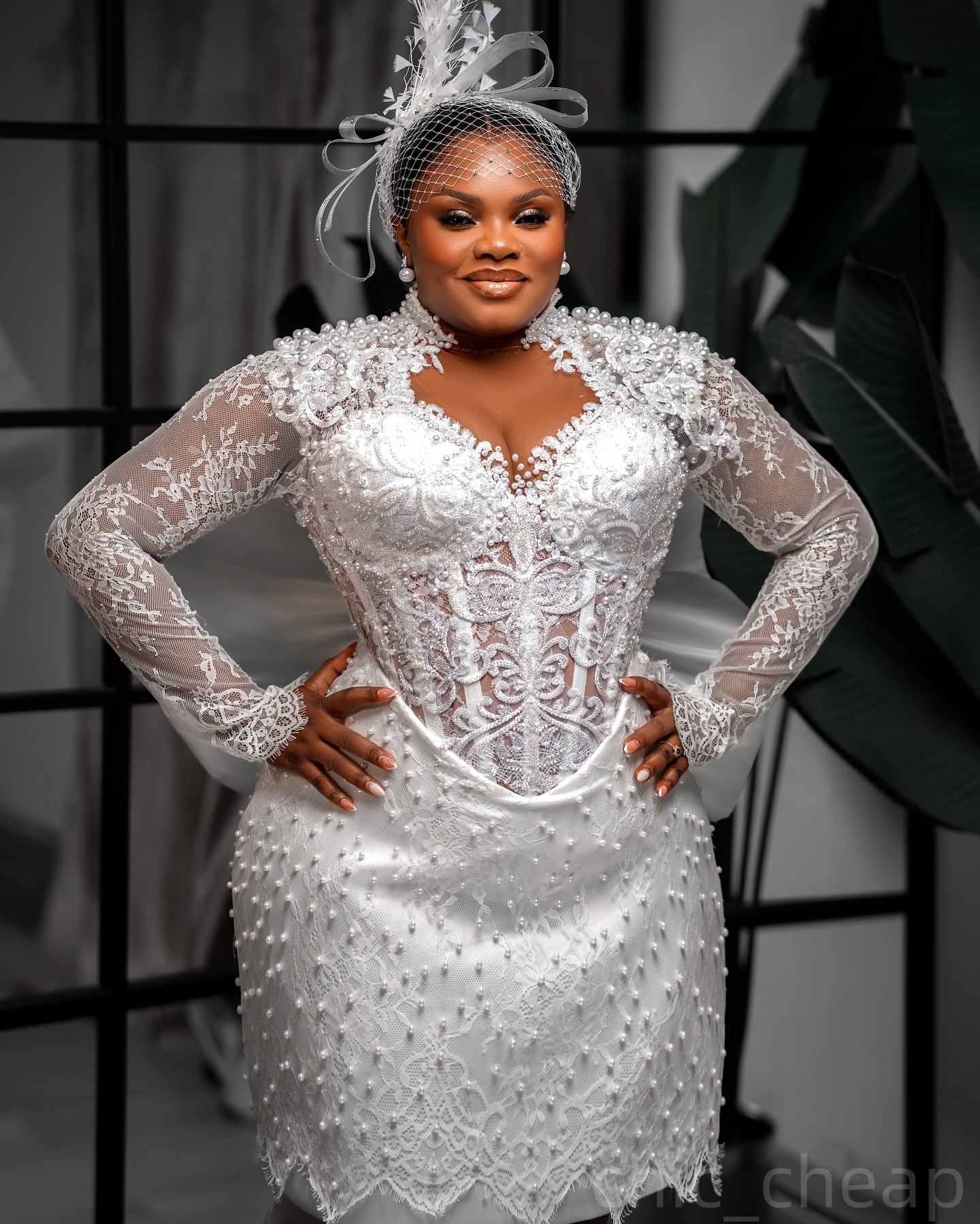 2025 Aso Ebi Plus Size White Wedding Dress Pearls Lace Sheath Knee Length Bow Full Sleeves Bridal Gowns Dresses ZJ055