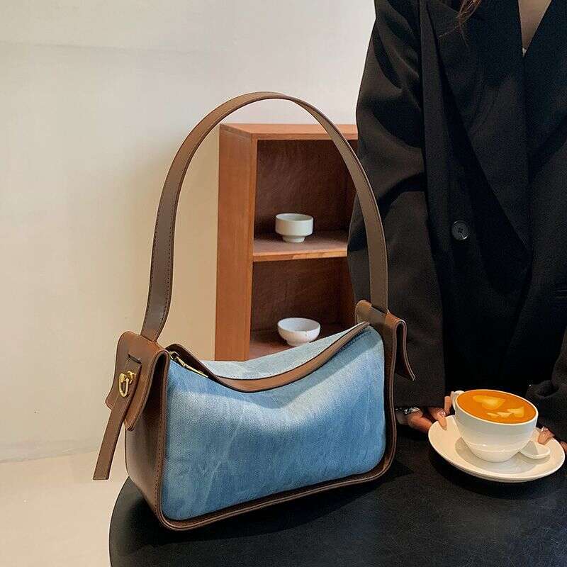 free shipping Simple Tote Large Capacity Underarm Spring Denim Style Commuter Versatile Splice Cross Shoulder Bag
