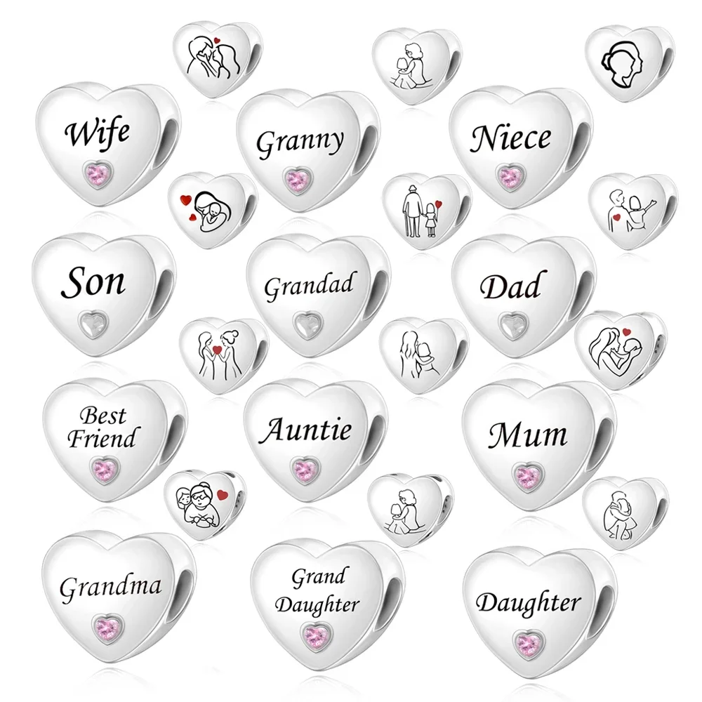 FewDook 2025 New Grandad & Grandma, Auntie & Niece Best Friends Hand Drawn Heart Charm Beads Fit Original Pan Bracelet Family Jewelry Designer for Wom